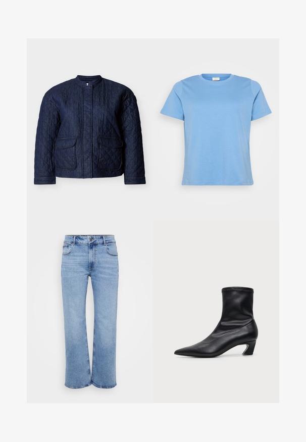 Marineblaue gesteppte Jacke mit rundem Ausschnitt, zwei Vorderentaschen und diagonalen Steppnähten im gesamten Stoff. Robustes Denim-Material.; Hellblaues T-Shirt mit kurzen Ärmeln aus glattem Baumwollstoff, mit einem klassischen Rundhalsausschnitt und einer lockeren Passform.; Hellblaue weit geschnittene Jeans aus Denim, ausgestattet mit fünf Taschen, einem Reißverschluss vorne und einem Knopfverschluss. Dezente Nähtdetails entlang der Nähte.; Schwarzer Lederstiefel bis zur Mitte der Wade mit spitzer Schuhspitze und niedrigem, geschwungenem Absatz, von der Seite auf hellem, einfarbigem Hintergrund dargestellt.