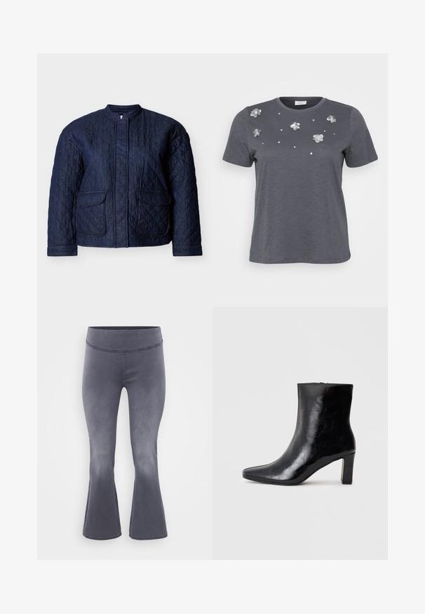 Chaqueta acolchada azul marino, con cuello redondo, dos bolsillos frontales y costuras diagonales en toda la tela. Material resistente de denim.; Camiseta de algodón gris con mangas cortas, con aplicaciones metálicas de flores y lentejuelas dispuestas en el frente. Textura suave, corte holgado.; Pantalones acampanados grises con una cinturilla ancha. Tejido suave con un ligero brillo, que va de oscuro en la parte superior a más claro hacia la parte inferior.; Botín negro de tobillo hecho de cuero brillante, con punta afilada y un tacón de bloque medio, con una textura suave y un diseño sencillo.