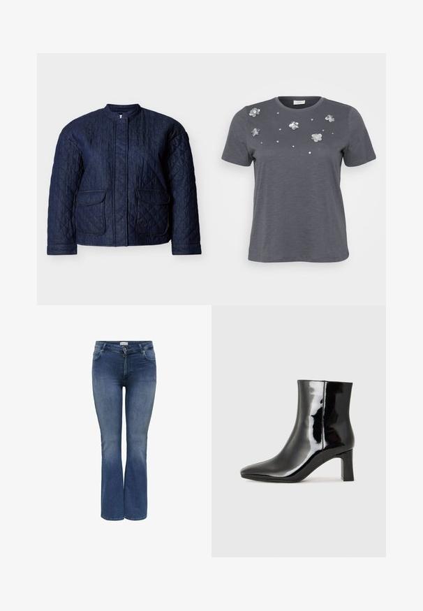 Mørkeblå quiltet jakke med rund halsudskæring, to forlommer og diagonale syninger over hele stoffet. Holdbart denim materiale.; Grå bomulds T-shirt med korte ærmer, prydet med metallic blomsterapplikationer og palietter arrangeret på forsiden. Blød tekstur, afslappet pasform.; Denim flared jeans i mellemblå med en glat tekstur, der har forlommer og en lynlåslukning. Diskret slidte detaljer.; Sort lakeret ankelstøvle med spids tå og en midt-højde blokhæl. Glat tekstur og minimalistisk design.