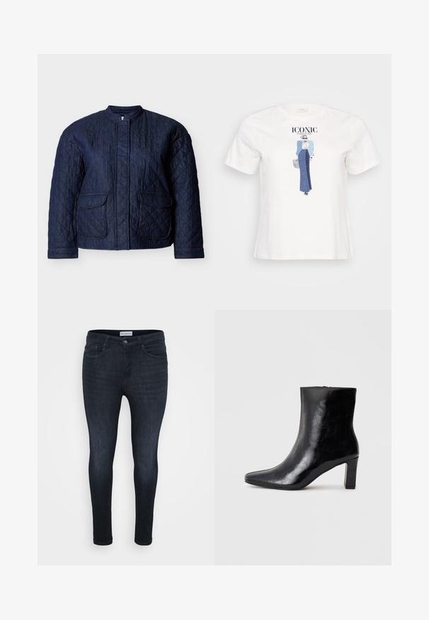 Mørkeblå quiltet jakke med rund halsudskæring, to forlommer og diagonale syninger over hele stoffet. Holdbart denim materiale.; Hvid bomulds t-shirt med en grafisk illustration af en kvinde i en blå jakke og denimskørt, med teksten "ICONIC" trykt ovenfor.; Mørkeblå skinny jeans med en glat overflade, der har et klassisk fem-lomme-design og en lynlås med knaplukning.; Sorte ankelstøvler lavet af blank læder, med spidse tæer og en mellemstor blokhæl, med en glat tekstur og et enkelt design.
