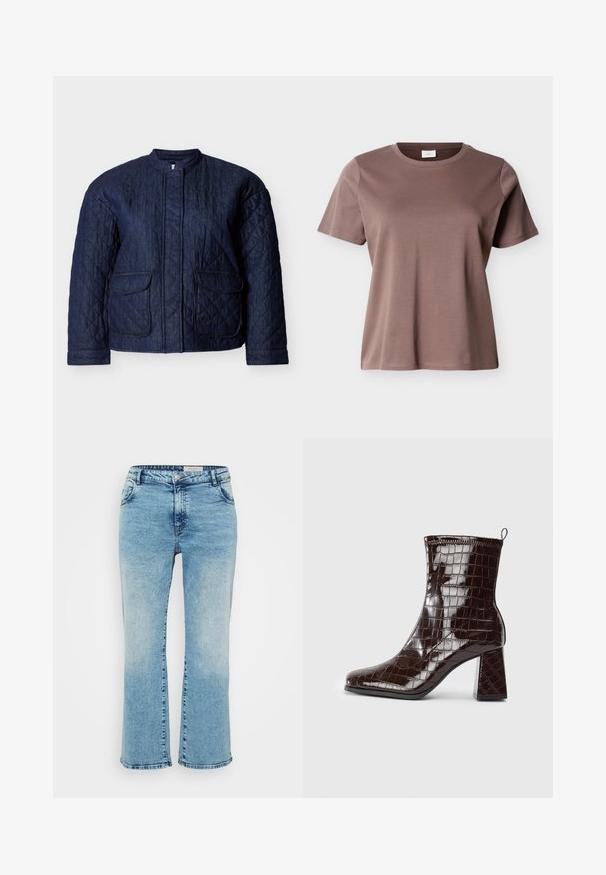 Chaqueta acolchada azul marino, con cuello redondo, dos bolsillos frontales y costuras diagonales en toda la tela. Material resistente de denim.; Camiseta de algodón de manga corta y cuello redondo color marrón malva con un ajuste holgado, mostrada sobre un fondo claro y liso.; Vaqueros de mezclilla azul claro con corte recto, que cuentan con un cierre de botón, cinco bolsillos y un ligero desgaste en las rodillas.; Botín de tobillo de charol marrón oscuro con textura de cocodrilo, tacón cuadrado y asa en la parte posterior, sobre fondo blanco.