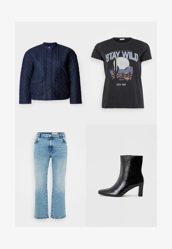 Mørkeblå quiltet jakke med rund halsudskæring, to forlommer og diagonale syninger over hele stoffet. Holdbart denim materiale.; Sort bomulds t-shirt med et grafisk print af en ørken-scene med kaktusser, en måne og sætningen "STAY WILD" i blå skrifttype.; Lyseblå denimjeans med lige snit, der har knaplukning, fem lommer og subtil falming ved knæene.; Sorte ankelstøvler lavet af blank læder, med spidse tæer og en mellemstor blokhæl, med en glat tekstur og et enkelt design.