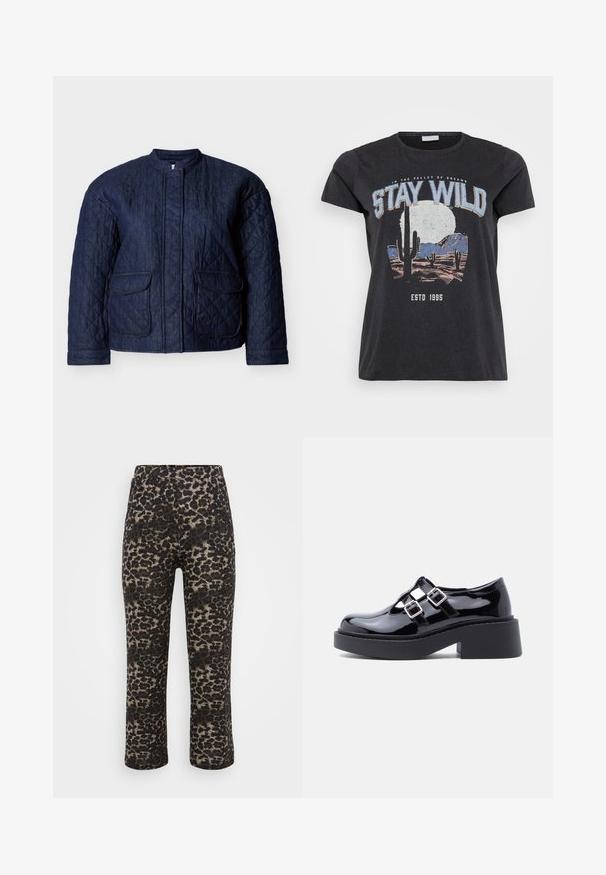 Mørkeblå quiltet jakke med rund halsudskæring, to forlommer og diagonale syninger over hele stoffet. Holdbart denim materiale.; Sort bomulds t-shirt med et grafisk print af en ørken-scene med kaktusser, en måne og sætningen "STAY WILD" i blå skrifttype.; Løveprint bukser i sort og beige, med lige snit, elastisk talje og glat tekstur.; Sorte platformssko i laklæder med bred hæl, udskåret design og to sølvspænder hen over vristen. Flad gummisål.