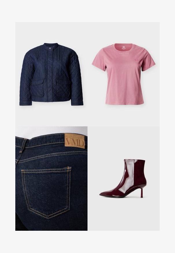 Mørkeblå quiltet jakke med rund halsudskæring, to forlommer og diagonale syninger over hele stoffet. Holdbart denim materiale.; Dame kortærmet støvet lyserød t-shirt med rund hals og lille rød Levi's-logo på venstre bryst mod hvid baggrund.; Mørkeblå denimjeans med synlige orange syninger og en brun læderlap med mærket "VMD" over den bageste højre lomme.; Skinnende mørkerød ankelstøvle med spids tå og tynd mellem-højde hæl på en lys ensfarvet baggrund.