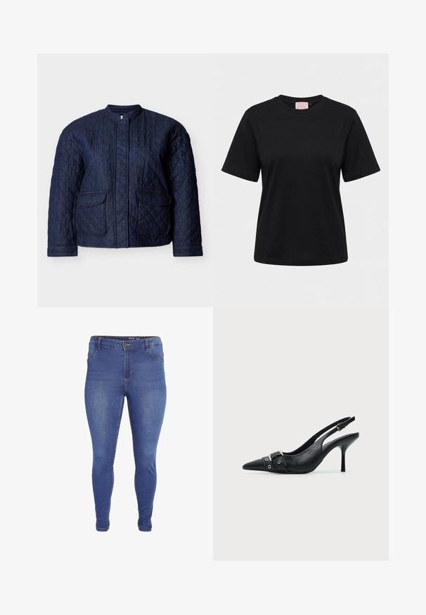 Mørkeblå quiltet jakke med rund halsudskæring, to forlommer og diagonale syninger over hele stoffet. Holdbart denim materiale.; Sort T-shirt med korte ærmer og rund hals, vist forfra på en ensartet lys grå baggrund.; Blå skinny jeans med forlommer, bæltestropper, knaplukning og let falmet effekt på lår og knæ.; Sort læder højhælet sko med spidst tåparti, slingback og rem med spænde og nitter foran.