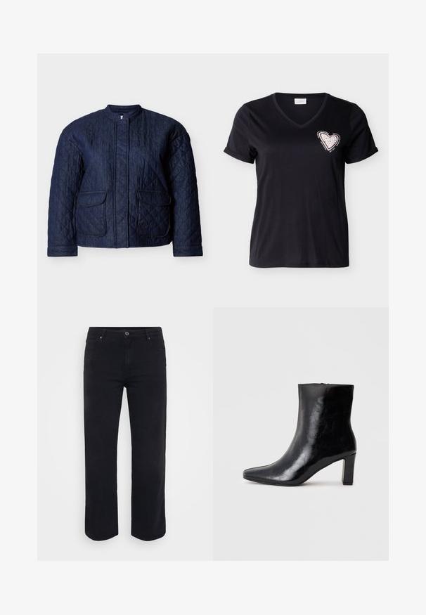 Chaqueta acolchada azul marino, con cuello redondo, dos bolsillos frontales y costuras diagonales en toda la tela. Material resistente de denim.; Camiseta negra de manga corta con cuello en V y puños remangados, con un parche de corazón rosa con pequeñas tachuelas y texto motivacional alrededor en el pecho.; Jeans de denim negro con un diseño de pierna recta. Las características incluyen un cierre de botón en la cintura, trabillas para cinturón y bolsillos delanteros y traseros. Textura suave.; Botín negro de tobillo hecho de cuero brillante, con punta afilada y un tacón de bloque medio, con una textura suave y un diseño sencillo.