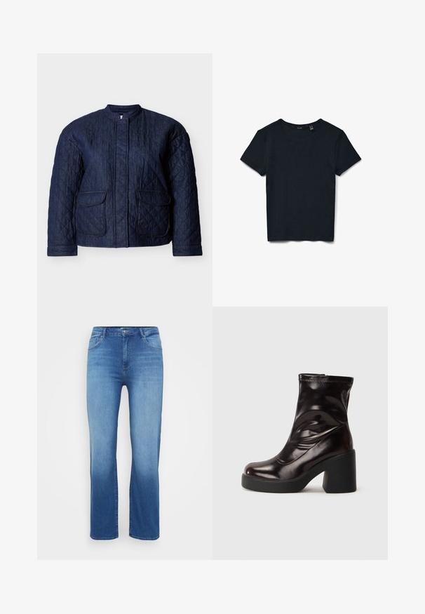 Marineblaue gesteppte Jacke mit rundem Ausschnitt, zwei Vorderentaschen und diagonalen Steppnähten im gesamten Stoff. Robustes Denim-Material.; Schwarzes kurzärmeliges, geripptes Strick-T-Shirt mit rundem Ausschnitt, flach liegend auf weißem Hintergrund.; Hellblaue Jeans aus Denim mit geradem Schnitt, Fünf-Taschen-Design und einem ausgeblichenen Effekt am Saum. Knopfverschluss an der Taille.; Glänzende schwarze Knöchelstiefel mit klobigem Blockabsatz und runder Zehenpartie, Obermaterial aus glattem Leder mit dezenten Nähdetails.