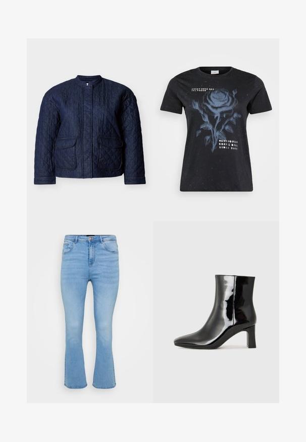 Mørkeblå quiltet jakke med rund halsudskæring, to forlommer og diagonale syninger over hele stoffet. Holdbart denim materiale.; ONLY Carmakoma CARMIKO WASHED SS REG TEE JRS - T-shirts print - black; Lyseblå flagrende jeans i denim af bomuld. Features høj talje, fem lommer og synlige sømme langs sømme og kant.; Sort lakeret ankelstøvle med spids tå og en midt-højde blokhæl. Glat tekstur og minimalistisk design.