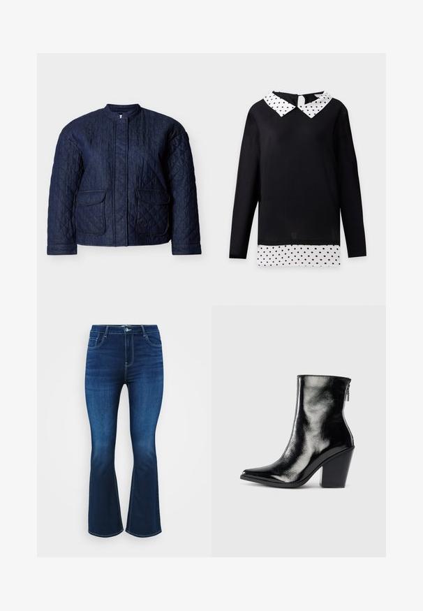 Mørkeblå quiltet jakke med rund halsudskæring, to forlommer og diagonale syninger over hele stoffet. Holdbart denim materiale.; Sort langærmet top med hvid krave og kant med sorte prikker, stylet til at ligne en lagdelt skjorte.; Mørkeblå bootcut jeans lavet af denim, med fem lommer, lynlås og knaplukning samt kontrastsyninger langs sømmene.; Sorte læder ankelstøvler med en blank finish, spidse tæer og blokhæle. Har en sidezipper for nem på- og aftagning.