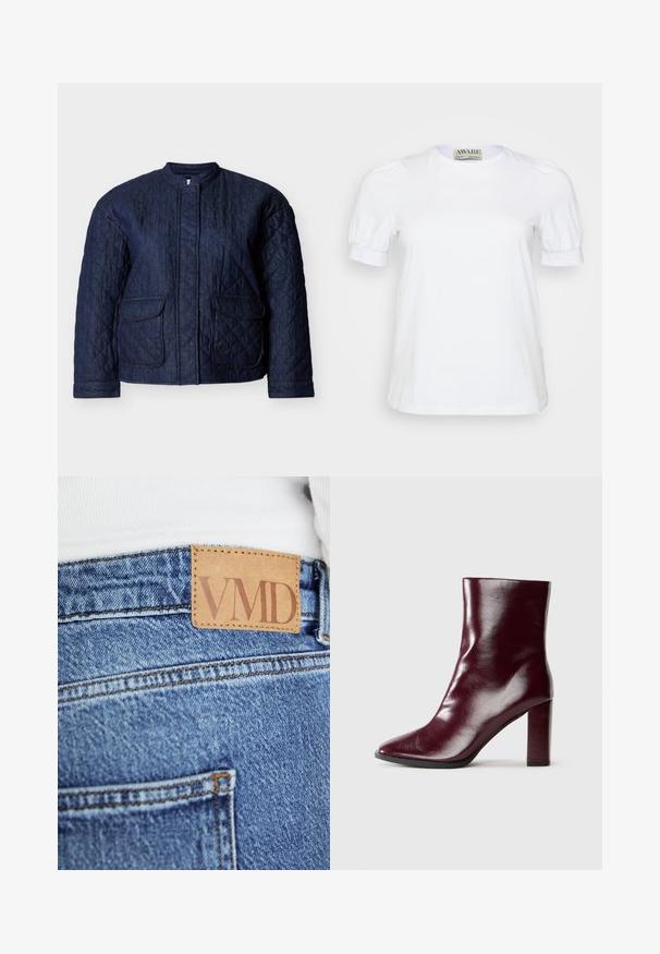 Mørkeblå quiltet jakke med rund halsudskæring, to forlommer og diagonale syninger over hele stoffet. Holdbart denim materiale.; Hvid kortærmet t-shirt lavet af bomuld, med rund halsudskæring og pufærmer med elastiske manchetter. Simpelt og klassisk design.; Nærbillede af blå denimjeans med brun læderetiket syet på linningen med teksten "VMD".; Skinnende mørk bordeaux læderstøvle til midt på læggen med spids tå og blokeret høj hæl på neutral baggrund.