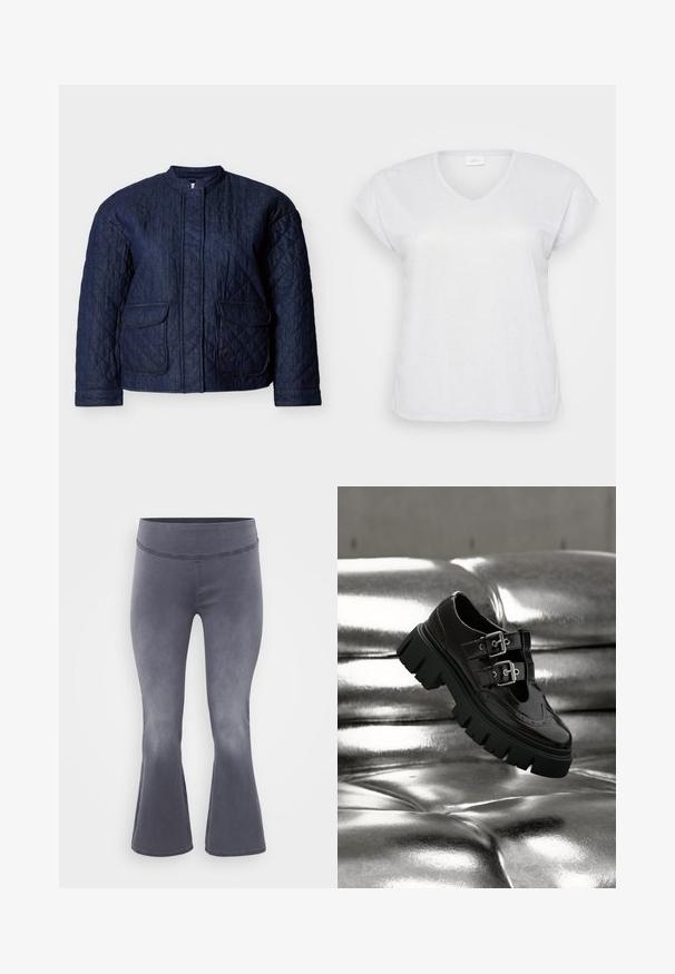 Chaqueta acolchada azul marino, con cuello redondo, dos bolsillos frontales y costuras diagonales en toda la tela. Material resistente de denim.; Camiseta blanca de manga corta y escote en V con una sutil textura brillante, que presenta un corte holgado y sin patrones ni acentos visibles.; Pantalones acampanados grises con una cinturilla ancha. Tejido suave con un ligero brillo, que va de oscuro en la parte superior a más claro hacia la parte inferior.; Zapato negro con suela gruesa y doble hebilla plateada flotando sobre una superficie acolchada plateada metálica y brillante.