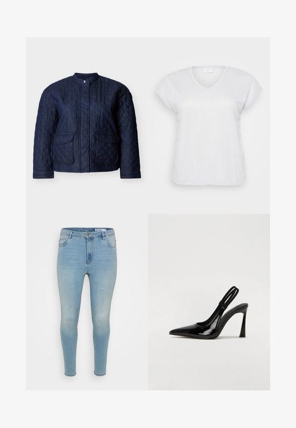 Marineblaue gesteppte Jacke mit rundem Ausschnitt, zwei Vorderentaschen und diagonalen Steppnähten im gesamten Stoff. Robustes Denim-Material.; Weißes, kurzärmliges V-Ausschnitt-T-Shirt mit einem subtilen Schimmer-Effekt, das einen lässigen Schnitt aufweist und keine sichtbaren Muster oder Akzente hat.; Hellblaue Denim-Jeans mit einer Slim-Fit-Passform, mittelhoher Taille, klassischem Fünf-Taschen-Design und subtilen abgenutzten Details an der Vorderseite.; Schwarze Lackleder Slingback-Pumps mit spitzem Zehenbereich, schlankem hohen Absatz und doppeltem elastischen Riemen für einen sicheren Sitz. Glatte, glänzende Oberfläche.