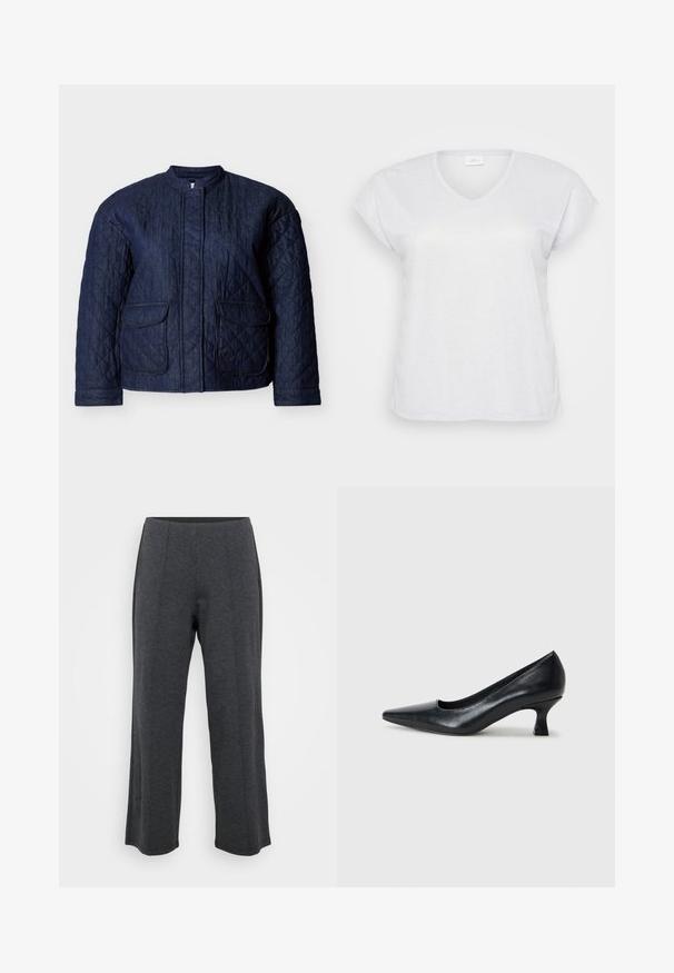 Veste matelassée bleu marine, comportant un col rond, deux poches avant et des coutures diagonales sur tout le tissu. Matière en denim durable.; T-shirt blanc à manches courtes et en V avec une texture scintillante subtile, offrant une coupe décontractée et sans motifs ni accents visibles.; Pantalons larges gris foncé fabriqués à partir d'un tissu doux et extensible. Comprend une ceinture lisse et un devant plat avec des plis subtils pour un détail supplémentaire.; Pompe en cuir noir avec un bout pointu et un petit talon carré. Texture lisse, lignes épurées, design simple sans motifs ni ornements visibles.