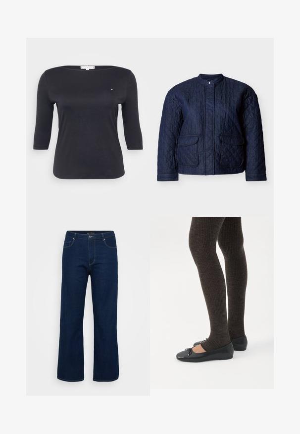 Mørkeblå quiltet jakke med rund halsudskæring, to forlommer og diagonale syninger over hele stoffet. Holdbart denim materiale.; Sort top med trekvartærmer lavet af blødt bomuldsstof. Har en bådudskæring og et lille logo-detalje på brystet.; Mørkeblå denim jeans med lige pasform, der har en lynlås, fem lommer og synlige syninger.; Ben iført mørke ribbede leggings kombineret med sorte balletsko med små sløjfedetaljer på hvid baggrund.