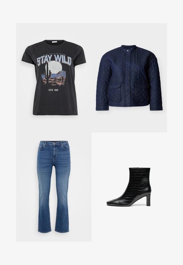 Marineblaue gesteppte Jacke mit rundem Ausschnitt, zwei Vorderentaschen und diagonalen Steppnähten im gesamten Stoff. Robustes Denim-Material.; Schwarzes Baumwoll-T-Shirt mit einem grafischen Druck einer Wüstenlandschaft mit Kakteen, einem Mond und dem Schriftzug "STAY WILD" in blauer Schrift.; ONLY Carmakoma Straight fit CARWILLY Mid waist - Jeans Straight Leg - dark blue denim; Schwarze Knöchelstiefel mit spitzer Zehenpartie, glänzender Krokodiloberfläche und mittelhohem, quadratischem Absatz. Glattes, elegantes Design.
