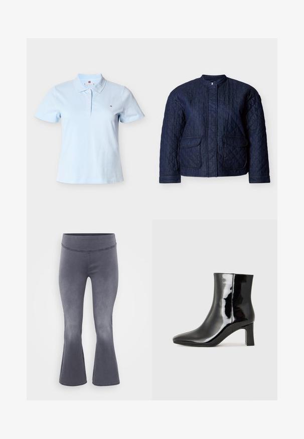 Veste matelassée bleu marine, comportant un col rond, deux poches avant et des coutures diagonales sur tout le tissu. Matière en denim durable.; Polo bleu clair à manches courtes avec col, quatre boutons et un petit logo sur la poitrine gauche.; Pantalons grijs évasés avec une large ceinture. Tissu lisse avec un léger éclat, dégradé du foncé en haut vers le plus clair en bas.; Bottines en cuir verni noir avec un bout pointu et un talon block de hauteur moyenne. Texture lisse et design minimaliste.