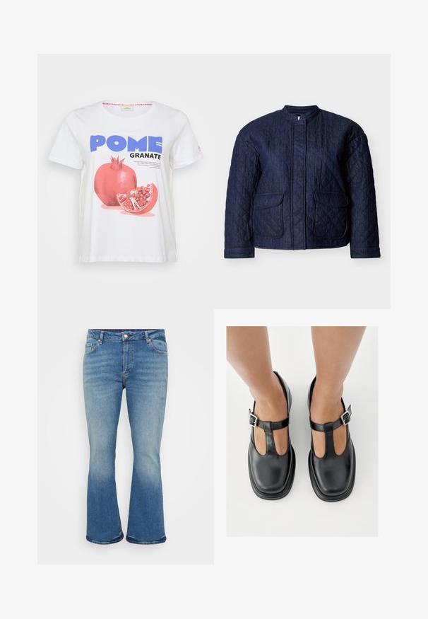 Mørkeblå quiltet jakke med rund halsudskæring, to forlommer og diagonale syninger over hele stoffet. Holdbart denim materiale.; Hvid bomulds T-shirt med en stor grafisk tryk af et granatæble, med ordene "POME GRANATE" i blå og sort. Korte ærmer.; Lyseblå flagrende jeans med denimtekstur, fem-lomme design, messingknap lukning og falming på lår og underben.; Sorte lædersko med T-rem-design, lukket tå og sølvfarvede spændeaccenter. Glat tekstur med rundet tå og flad sål.