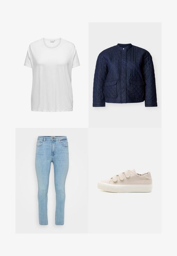 Marineblaue gesteppte Jacke mit rundem Ausschnitt, zwei Vorderentaschen und diagonalen Steppnähten im gesamten Stoff. Robustes Denim-Material.; Weißes Baumwoll-T-Shirt mit rundem Halsausschnitt und kurzen Ärmeln. Lockere Passform mit glatter Textur und ohne sichtbare Muster oder Akzente.; Hellblaue Jeans aus Denim inSlim-Fit, mit fünf Taschen, Gürtelschlaufen und einem Standard-Reißverschluss mit Knopfverschluss.; Beige Leinensneaker mit drei verstellbaren Klettverschlüssen, einer strukturierten weißen Gummisohle und einem ausgefransten Kragen.