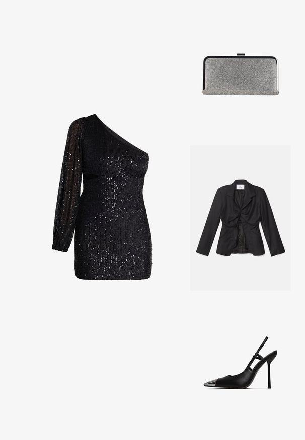 Vaillant STRUCTURED - Blazer - black; Zwart minikleed met pailletten, met één lange doorschijnende mouw en één blote schouder, aansluitende pasvorm en geribbelde textuur.; Zwarte slingback pump met puntige neus en glanzende metalen neuskap. Beschikt over een hoge stilettohak en slanke enkelband. Gladde leren textuur.; Rechthoekige zilveren clutchtas bedekt met kleine strass-steentjes, met een zwart-zilveren metalen frame en een sluiting met gesp.