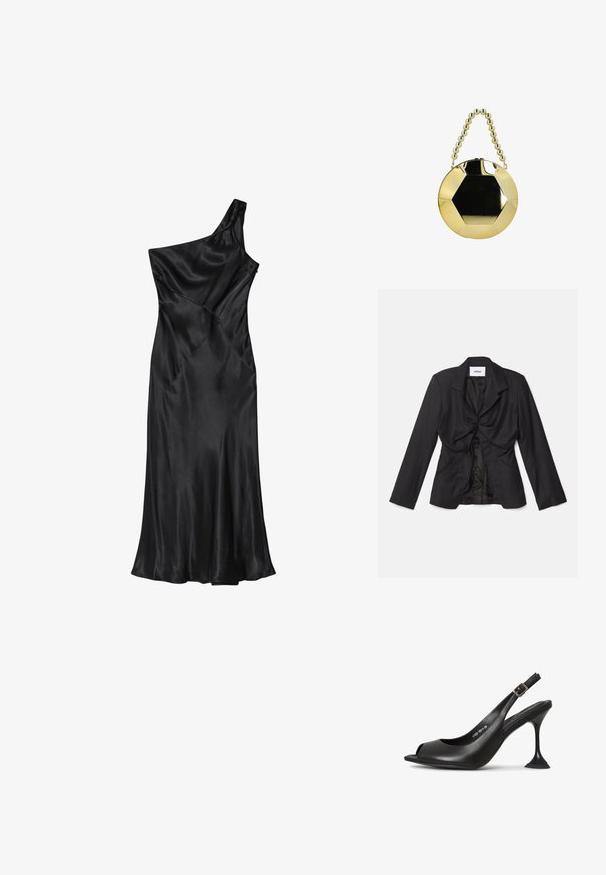 Vaillant STRUCTURED - Blazer - black; Sort satinkjole med ét skulderstrop, tætsiddende overdel og udvidet nederdel, med diagonale sømme og en glat tekstur over det hele.; Sort læder slingback hæl med åben tå, spids form, smal hæl der udvider sig, og en firkantet base. Tekstureret overflade og spænde detaljer.; Rund guldtaske med sekskantet sort midte og perlehåndtag i guld, vist mod en hvid baggrund.