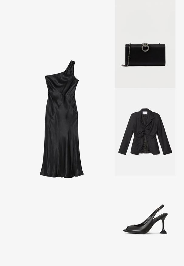 Vaillant STRUCTURED - Blazer - black; Sort satinkjole med ét skulderstrop, tætsiddende overdel og udvidet nederdel, med diagonale sømme og en glat tekstur over det hele.; Sort læder slingback hæl med åben tå, spids form, smal hæl der udvider sig, og en firkantet base. Tekstureret overflade og spænde detaljer.; Sort satin clutch taske med en sølvfarvet, cirkulær lukning prydet med rhinsten, har en aftagelig kædedesign.