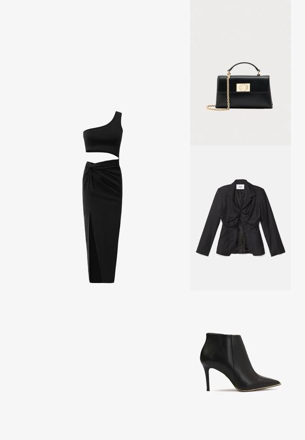 Vaillant STRUCTURED - Blazer - black; Sort todelt tøj sæt bestående af en en-skulder crop top og en højtaljet nederdel med tvistet detalje og sideslids. Glat stof.; Sorte læderankelstøvler med spidse tåer, høje stilettohæle og guldaccent langs sålen. Glat tekstur og strømlinet design.; Sort læderhåndtaske med struktureret form, udstyret med en øverste hank og en guldtonet kæderem. Dekorative guldhardware med logodetalje.