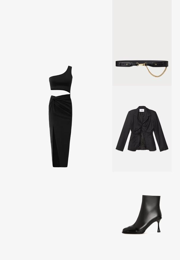Vaillant STRUCTURED - Blazer - black; Sort todelt tøj sæt bestående af en en-skulder crop top og en højtaljet nederdel med tvistet detalje og sideslids. Glat stof.; Sorte ankelstøvler lavet af glat læder med en blank tåhætte, der har en spidset hæl og et strømlinet, figursygt design.; Sort læderbælte med en guldmetalspænde og en dekorativ guld kædeaccent. Har justerbare piggehuller og en glat overflade.