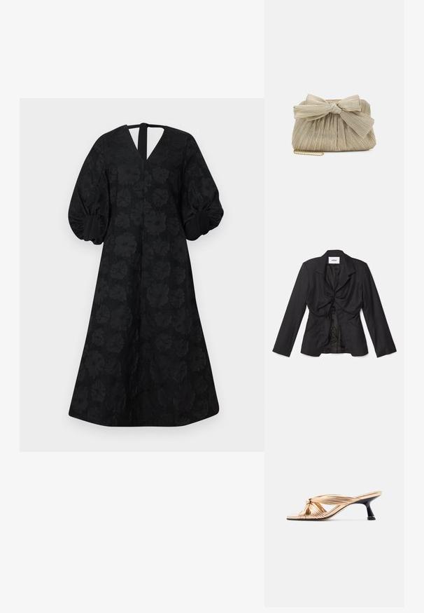 Vaillant STRUCTURED - Bleiseri - black; Musta mekko, jossa on kukkakuvio, V-pääntie ja puffiset hihat. Sisältää avonaisen selän ja A-linjaisen siluetin.; Kultainen hihnallinen kitten-heel-sandaali solmusomistuksella ja mustalla ohuella korolla, esitetty sivusta valkoisella taustalla.; Loeffler Randall PLEATED FRAME WITH BOW - Pikkulaukku - platinum