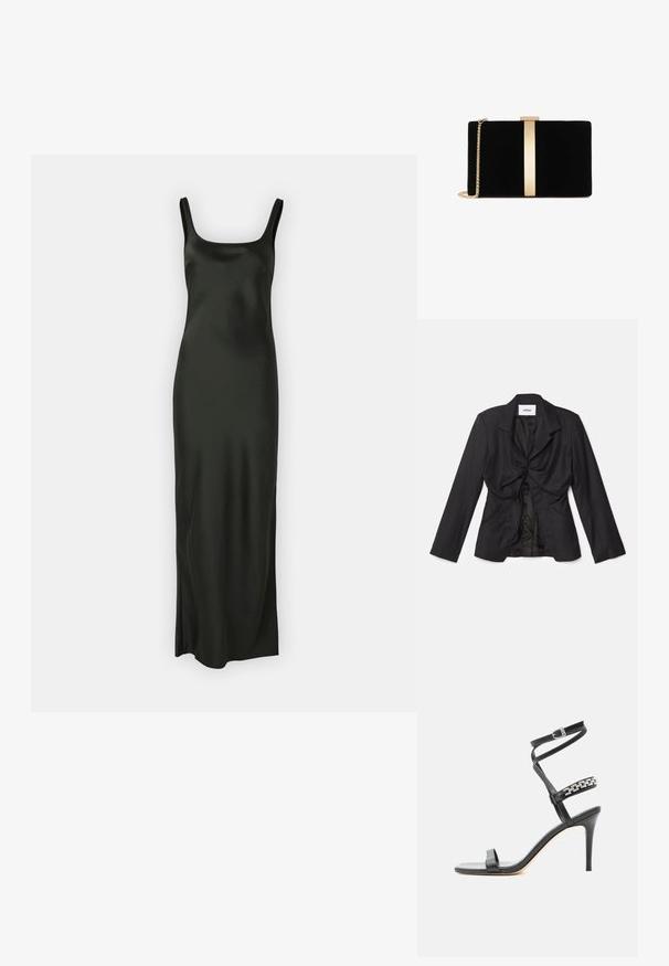 Vaillant STRUCTURED - Blejzer - black; Samsøe Samsøe SUNNA DRESS - Maxi šaty - black; Čierna sandála na vysokom opätku s úzkym remienkom okolo členka, remienkom v strede chodidla ozdobeným striebornými reťazovými článkami a otvorenou špičkou.; Čierna zamatová kabelka s kovovým zlatým akcentom v strede, ktorá má reťazový popruh a štíhly obdĺžnikový tvar.