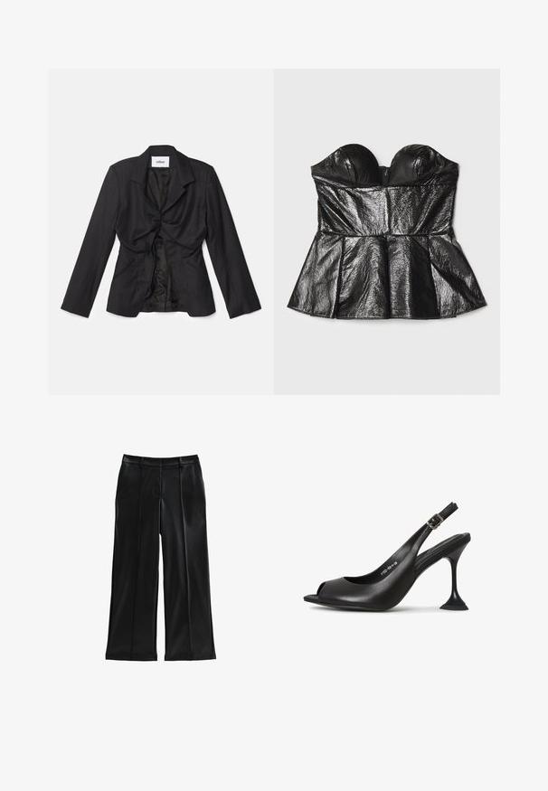 Vaillant STRUCTURED - Blazer - black; Sara Battaglia SWEETHEART - Top - black; Sorte faux læder bukser med bred benlinje, plisseringer, forlommer, en glat tekstur og en skræddersyet pasform. Har en mellem høj talje.; Sort læder slingback hæl med åben tå, spids form, smal hæl der udvider sig, og en firkantet base. Tekstureret overflade og spænde detaljer.