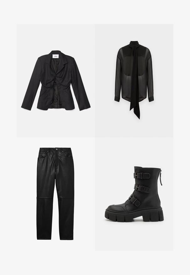 Vaillant STRUCTURED - Blazer - black; Zwarte chiffon blouse met lange strik, hoge kraag en lange mouwen. Transparante textuur met solide zwarte manchetten en afgeronde zoom.; Reiss VERONA REGULAR FIT - Leren broek - black; Even&Odd Cowboy-/Bikerlaarsjes - black