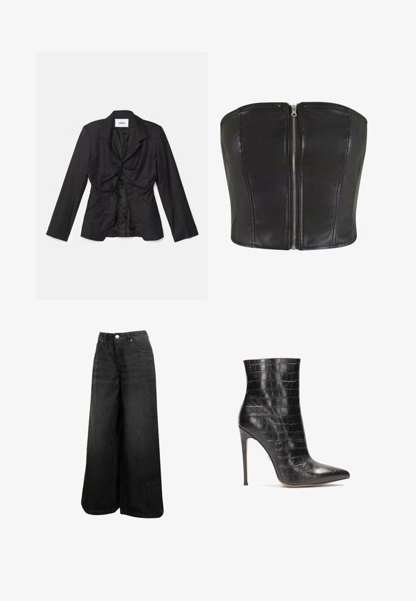 Vaillant STRUCTURED - Blazer - black; Schwarzes Leder-Corsage-Oberteil mit strukturierter Passform. Verfügt über einen zentralen silbernen Reißverschluss und Nahtdetails entlang des Oberteils. Schmeichelnde Textur.; Schwarze weit geschnittene Jeans mit hoher Taille, Frontknopf, Taschen und dezentem Logo auf der Vorder-Tasche.; Schwarze Lederstiefeletten mit Krokodillederstruktur, spitzer Zehenform und hohem Stiletto-Absatz, mit glänzender Oberfläche.