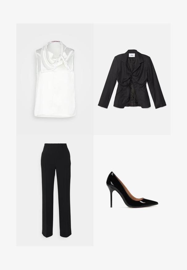 Vaillant STRUCTURED - Σακάκι - black; Anna Field by Zalando Μπλούζα - white; Μαύρο παντελόνι ισιώματος με λείες επιφάνειες. Διαθέτει ζώνη και χωρίς ορατά σχέδια ή λεπτομέρειες. Κλασικός και κομψός σχεδιασμός.; Μαύρη πατεντέ δερμάτινη γόβα με μυτερή μύτη και κομψή σιλουέτα. Διαθέτει τακούνι στιλέτο και λείο εσωτερικό φόρεμα.