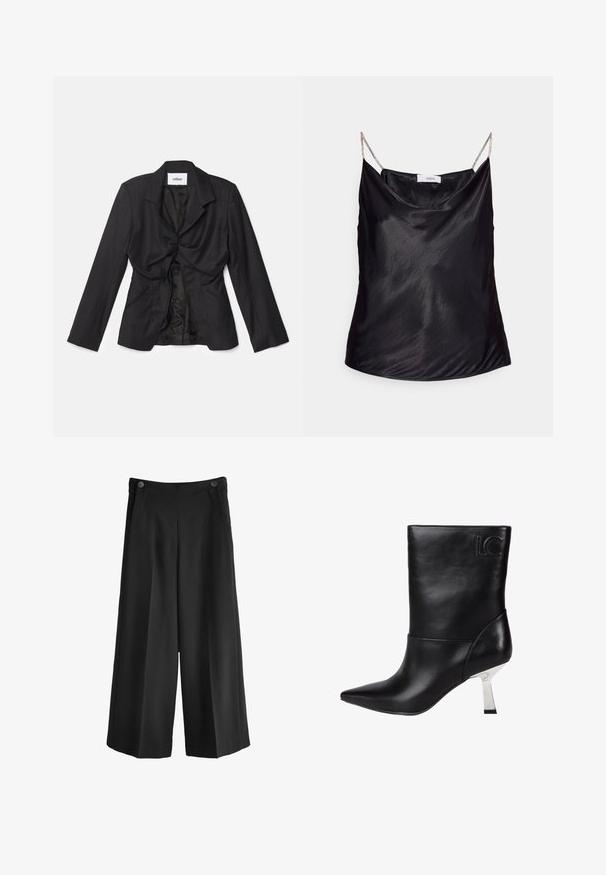 Vaillant STRUCTURED - Bleiseri - black; Envii DINGO - Toppi - black; Mustat leveälahkeiset housut, joissa on korkea vyötärö, valmistettu sileästä kankaasta. Ominaisuuksiin kuuluu kaksi etutaskua ja kaksi nappia vyötärön kohdalla.; LOLA CASADEMUNT Klassiset nilkkurit - black