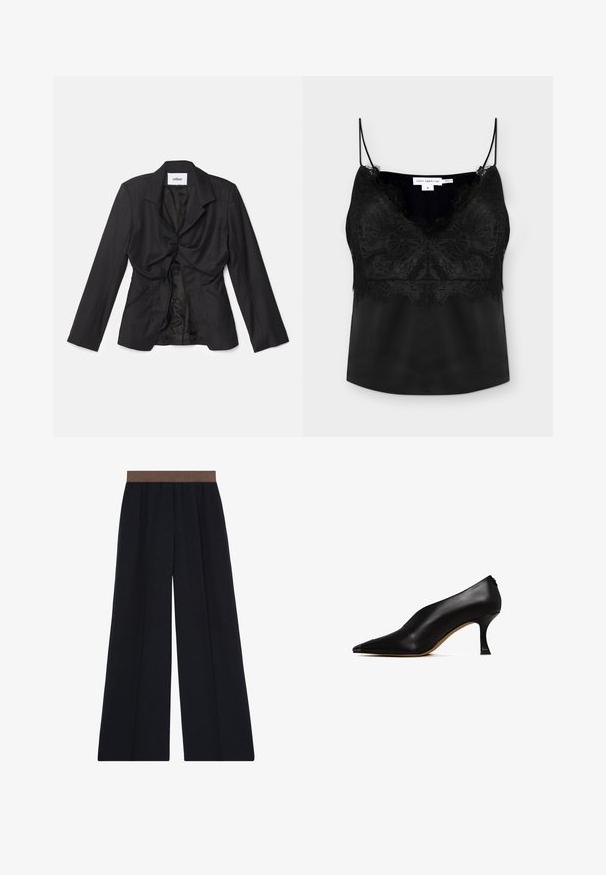 Vaillant STRUCTURED - Blazer - black; Sort satin camisole med blonder, tynde justerbare stropper og V-udskæring, størrelse small, med mærket Good American.; Sorte vidde bukser med en brun elastisk linning og detaljer med pressede folder foran, vist på en hvid baggrund.; Sorte læder højhælede sko med spids tå og en slank, buet hæl. Har en glat tekstur og et minimalistisk design.