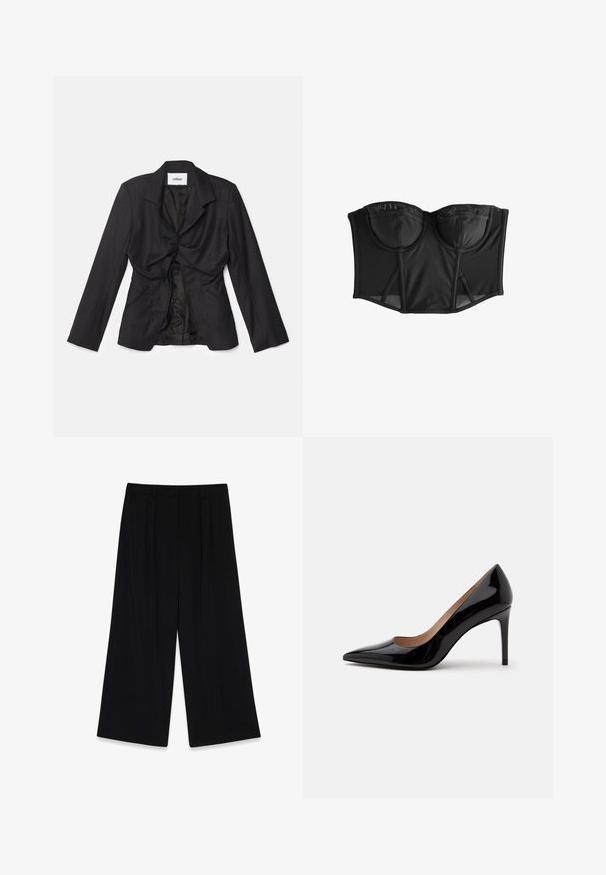 Vaillant STRUCTURED - Blazer - black; Corsé negro con un diseño estructurado, que presenta copas moldeadas, un acabado de tela suave y paneles laterales transparentes con cierres de gancho y ojo.; Pantalones de pierna ancha negros, hechos de un tejido suave, con pliegues en la parte delantera, cintura de altura media y sin cierres o adornos visibles.; Zapato de charol negro de tacón alto con punta afilada y tacón de aguja, mostrado de perfil sobre un fondo blanco liso.