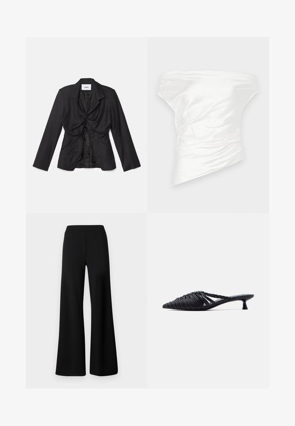 Vaillant STRUCTURED - Blazer - black; Hvid off-the-shoulder top lavet af glat satin stof, med draperet, struktureret design og en asymmetrisk kant.; Sorte vide bukser lavet af blød, strækbar stof. Har en glat, elastisk talje og et enkelt, udekoreret design.; Sort vævet læder mule med spids tå, lav kittenhæl og fletdetalje på stroppen på hvid baggrund.