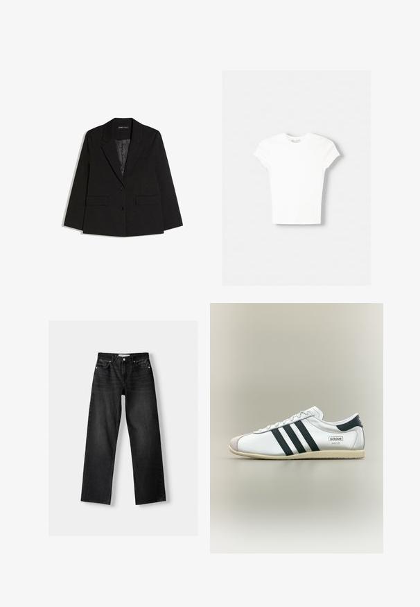Sort skræddersyet blazer med hakkede revers, to forlommer med klap, to knapper og glat inderfor, lagt fladt på hvid baggrund.; Hvid kortærmet t-shirt lavet af blød bomuld, med rund halsudskæring og en tætsiddende form. Ingen synlige mønstre eller udsmykninger.; Bershka Jeans Straight Leg - mottled dark grey; Hvid Adidas Paris sneaker med sorte striber, beige sål og ruskindstipp, vist fra siden på en neutral baggrund.