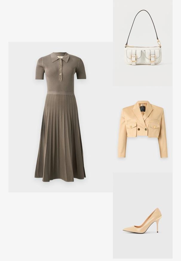 Beige cropped blazer med lange ærmer, brede revers, to forlommer med klap og guldknapper samt dobbelt lukning med guldknapper.; Ribbede midikjole i gråbrun med korte ærmer, polo-krave, guldknaplukning og plisseret kjoldesign. Blød tekstur.; Beige laklæder pumps med høje hæle, spids tå og slank stiletthæl, med en lille guldaccent bagpå.; Hvid lædertaske med tre forlommer foran, guldfarvet beslag og brun skulderrem. Forstærkede syninger langs kanterne.