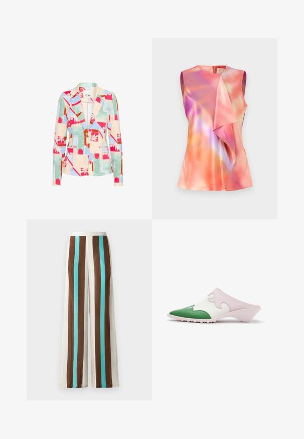 Muster-Blazer in Pastellfarben; mit geometrischen und floralen Designs, einem Reverskragen, zwei Vorderaschen und einer einzelnen Knopfverschluss.; Ärmelloses Oberteil aus Satin, ausgestattet mit einem bunten abstrakten Muster in Rosa-, Orange- und Violetttönen, mit einem drapierten Vorderdesign.; Weite Hosen mit braunen, cremefarbenen und türkisfarbenen vertikalen Streifen. Hergestellt aus leichtem Stoff mit glatter Textur und elastischem Bund.; Slip-On-Muleschuh mit spitzer grüner Spitze, weißem Obermaterial mit pinkem wellenförmigem Overlay und niedrigem schrägem Absatz auf weißem Hintergrund.