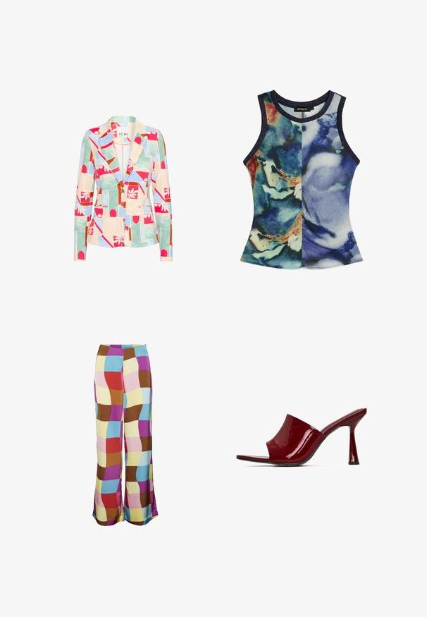 Mønstret blazer i pastelfarver; har geometriske og blomstrede designs, en spids krave, to forlommer og en enkelt knaplukning.; Ærmeløs damesinglet med rund hals og abstrakt blå, grøn og beige akvarelprint, med mørke kanter.; SOMETHINGNEW SABRINA PANTS - Bukser - dahlia; Røde patentlæder hælhøje mules med åben tå, buet overdel og en slank hæl. Glat tekstur med en blank finish og et minimalistisk design.