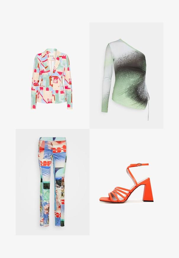 Mønstret blazer i pastelfarver; har geometriske og blomstrede designs, en spids krave, to forlommer og en enkelt knaplukning.; Elleme ONE SHOULDER - Langærmet T-shirt - light green/white; Weekday TROUSER - Bukser - high performance; Orange blokhælet sandal med flere smalle stropper og en ankelspænde. Glat tekstur og firkantet tådesign. Flad sort ydersål.