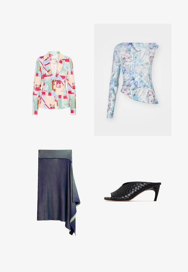 Mønstret blazer i pastelfarver; har geometriske og blomstrede designs, en spids krave, to forlommer og en enkelt knaplukning.; Asymmetrisk langærmet top i et blåt og pink abstrakt mønster, med sammensamlet tekstur og rund hals. Lavet af letvægtsstof.; Mørkeblå strikket nederdel med meget fine hvide lodrette striber og en asymmetrisk draperet kant på den ene side.; Sorte vævede mule-sandaler med åben tå og en slank, buet hæl. Materialet har en blank finish og viser et tekstureret, ternet mønster.