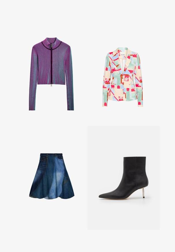 Mønstret blazer i pastelfarver; har geometriske og blomstrede designs, en spids krave, to forlommer og en enkelt knaplukning.; Afkortet jakke med lynlås og lange ærmer i flerfarvet ribbet mønster med pink, lilla og blå striber. Sølv lynlåsdetalje foran.; Denimnederdel med lap-på-lap-design i forskellige nuancer af blå, slå-ud-form og en sidelomme. Glat tekstur og afslappet stil.; Sorte læder ankelstøvler med spids tå og en tynd metallisk hæl. Glat tekstur med klare linjer og minimalistiske designfunktioner.