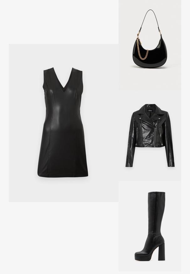 Veste en cuir noire coupée avec un col cranté, des poches zippées et des détails sur les manches, étiquetée "ONLY" à l'intérieur du col.; Robe noire sans manches en simili cuir avec décolleté en V et coutures ajustées, longueur genoux, sur un fond clair uni.; Bottes noires montantes en cuir lisse avec une finition texturée, dotées d'un talon bloc haut et d'un design à bout rond.; Sac à main en cuir verni noir avec une forme courbée, une fine bandoulière et un accent chaîne dorée sur le devant. Texture lisse, design minimaliste.