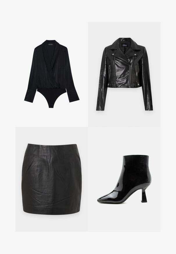 Svart kort lærjakke med klappkrage, glidelåslommer og detaljer på ermene, merket "ONLY" på den indre kragen.; Svart langermet bodysuit med omslagdesign, laget av glatt stoff. Har en dyp halslinje og tettsittende overdel med klassisk snitt på bunnen.; Svarte skinnminiskjørt med en jevn tekstur, synlige sømdetaljer, og en rett snittdesign. Ingen lommer eller dekorasjoner.; Svart blank lakk lær ankelstøvel med spiss tå og utvidet middels høy hæl på hvit bakgrunn.