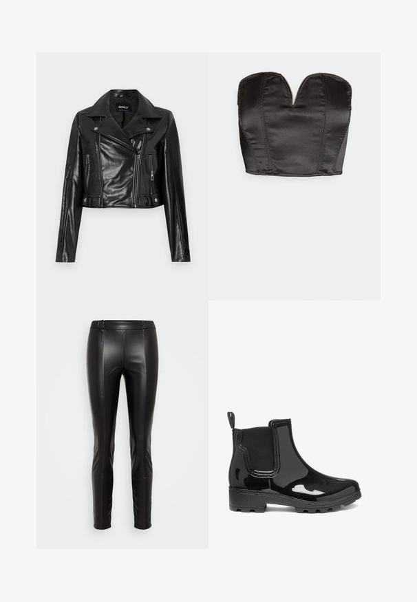 Sort cropped læderjakke med klippet krave, lynlåslommer og detaljer på ærmerne, mærket "ONLY" på den indre halsudskæring.; Vero Moda VMSALLY CROPPED SIMILI CORSAGE - Top - black; Sorte leggings i imiteret læder med elastisk talje, tætsiddende silhuet, glat tekstur og sømdetaljer, der løber ned foran.; Sorte glansfulde ankelstøvler med elastiske sidepaneler, rund tå og en struktureret gummisål. Designet har en trækflap bagpå.