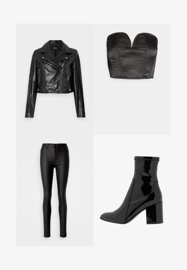 Veste en cuir noire coupée avec un col cranté, des poches zippées et des détails sur les manches, étiquetée "ONLY" à l'intérieur du col.; Vero Moda VMSALLY CROPPED SIMILI CORSAGE - Débardeur - black; Jean skinny en simili cuir noir avec une texture lisse, taille haute, fermeture bouton et design traditionnel à cinq poches.; Bottine noire en vernis avec une texture lisse, bout pointu et un talon bloc structuré. Caractérisée par un design sans fermeture éclair et des coutures contrastées.