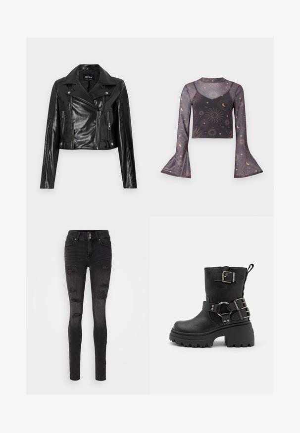 Veste en cuir noire coupée avec un col cranté, des poches zippées et des détails sur les manches, étiquetée "ONLY" à l'intérieur du col.; Crop top noir à manches longues transparentes avec des poignets évasés, motif céleste de soleil, lune et étoiles, comprenant une couche intérieure de camisole.; Jean skinny noir en denim avec un design déchiré comportant plusieurs déchirures et une silhouette ajustée. Fermeture à double bouton à la taille.; Bottine en cuir noir avec une semelle épaisse, accents de boucle et de sangle, et une finition texturée. Équipée d'une languette pour un enfilage facile.