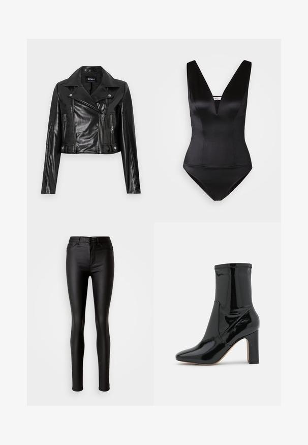 Chaqueta de cuero negra recortada con solapa tipo notch, bolsillos con cremallera y detalles en las mangas, etiquetada "ONLY" en el cuello interior.; Bañador negro de una pieza con escote en V profundo, acabado satinado elegante y diseño ajustado. Sin patrones ni embellishments visibles.; Jeans skinny de imitación cuero negro con una textura suave, cintura alta, cierre de botón y diseño tradicional de cinco bolsillos.; Call it Spring Botines - black